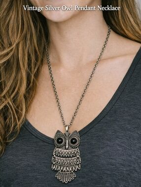 Vintage Silver Owl Pendant Necklace – Long Chain – Boho Chic